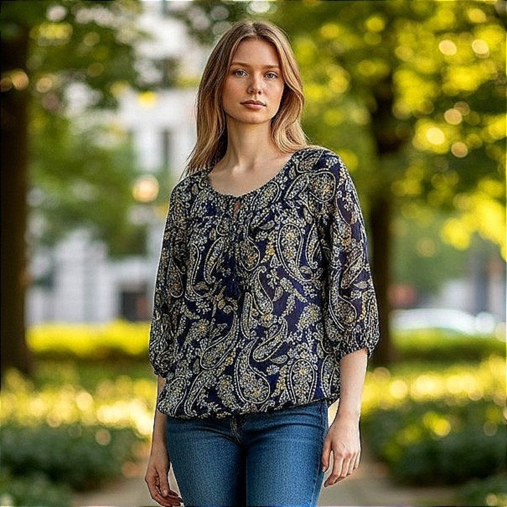 St Johns Bay Navy Blue Paisley Peasant Blouse Tassel Tie 3/4 Sleeve Top M